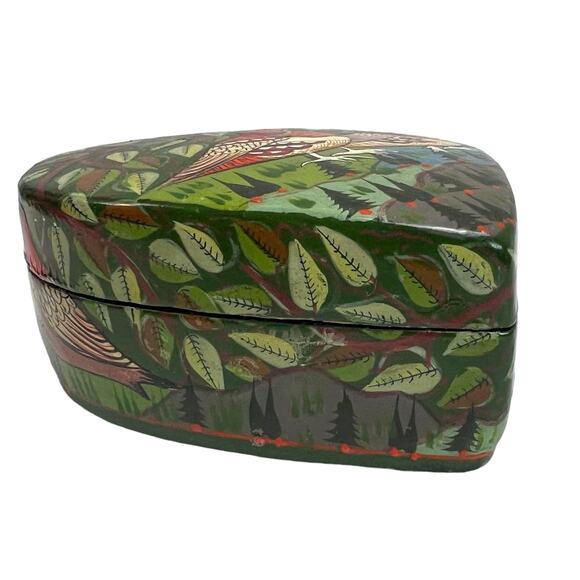 Vintage India paper Mâché trinket heart shape box Bird Tree hand painted signed - Picture 2 of 15